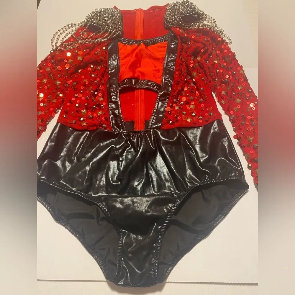 Glamour mature faux leather red goth grunge studed Dance Custom solo costume LA